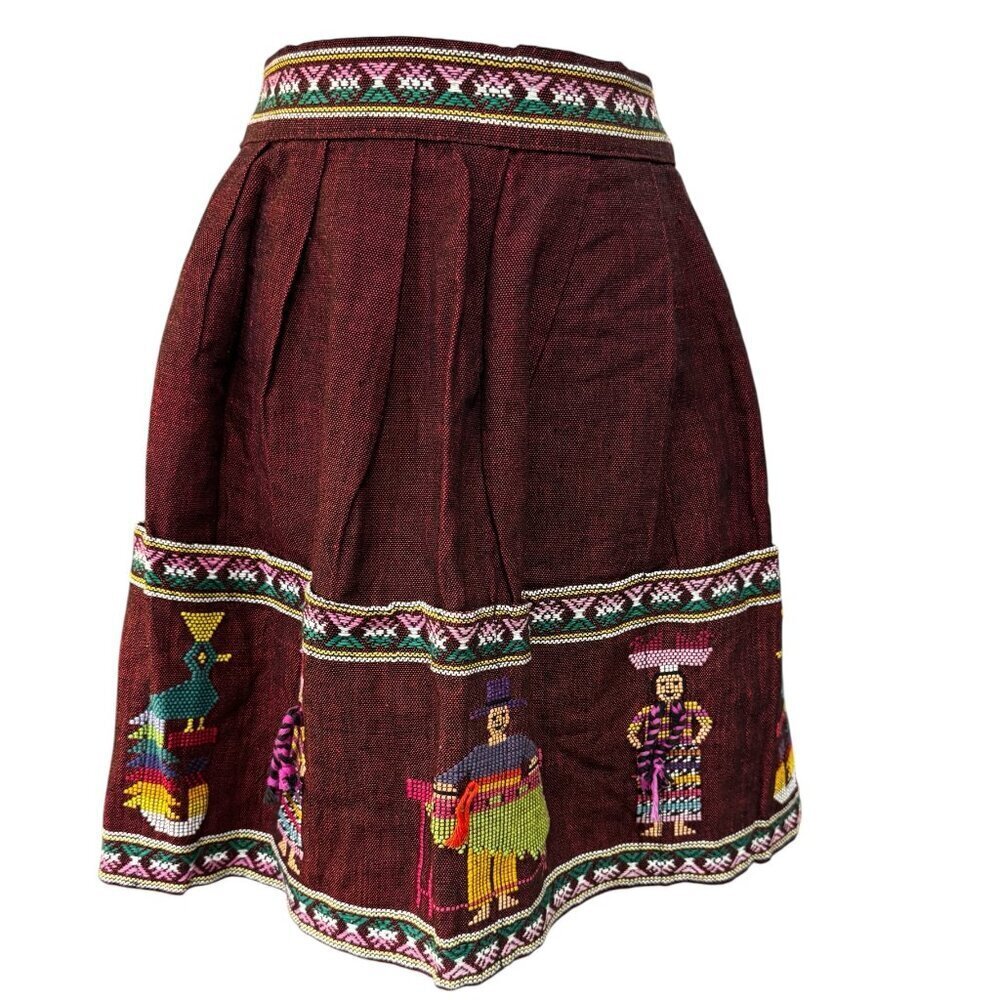 Vintage South American Embroidered Apron Burgundy Folk Textile